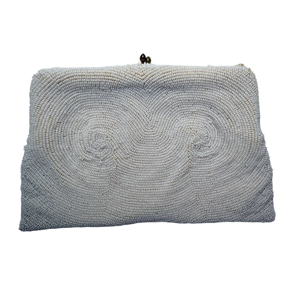 Vintage Made in Belgium White Beaded Clutch Kiss Lock Evening Bag - BH